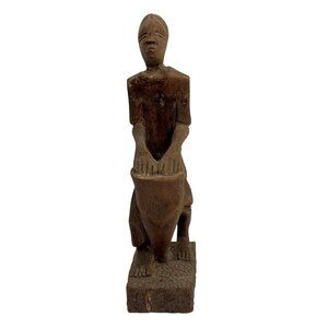 Hand-Carved Wooden Drummer Figurine Haiti/Dominican Republic 1960s Signed Marise